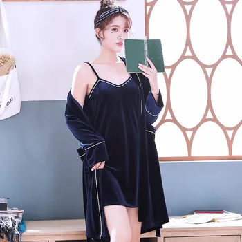 

Velour Homewear Navy Blue Nightwear Lace Nightgown Sexy Autumn New Women Kimono Robe Intimate Lingerie Velvet Home Clothing