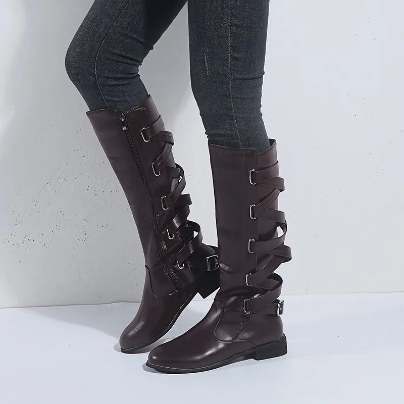 

Foreign Trade Large Size Women's Shoes Explosive Leather Belt Buckle Rough-heeled Roman Boots Children's High-barreled Knight Bo