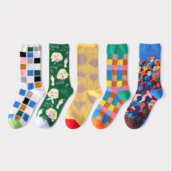 

Gifts for Women Socks Color Plaid Geometric Jacquard French Chao Brand Cotton Japanese Harajuku High Quality Cute Style Sock
