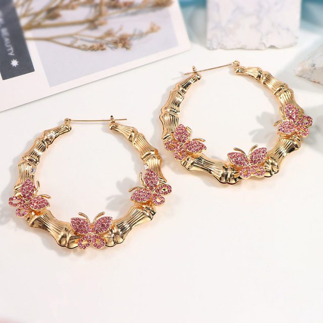 Shiny Crystal Butterfly Charms Bamboo Hoop Earring for Women Girls Personality Bamboo Style Design Dangel Earring Jewellery