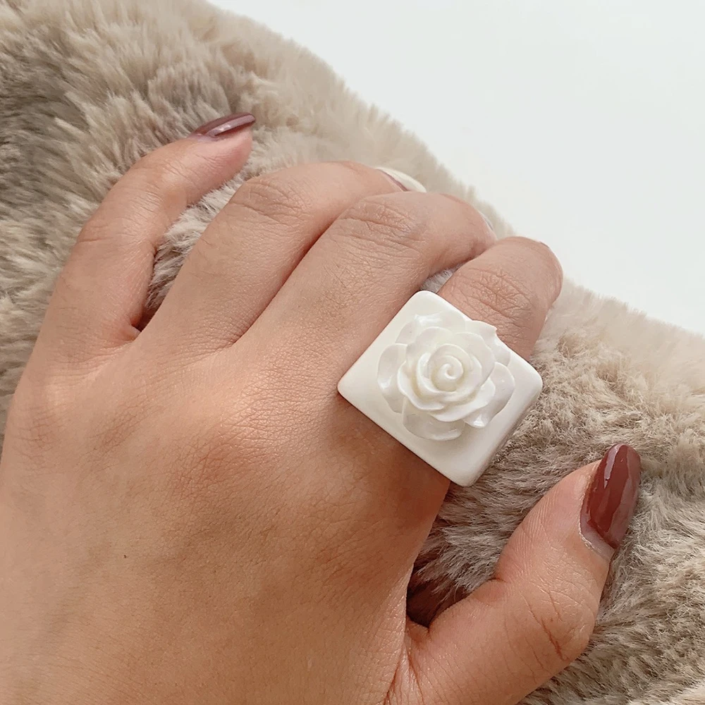 Women Girls Finger Ring Korean Flower Resin Acrylic Square Geometric