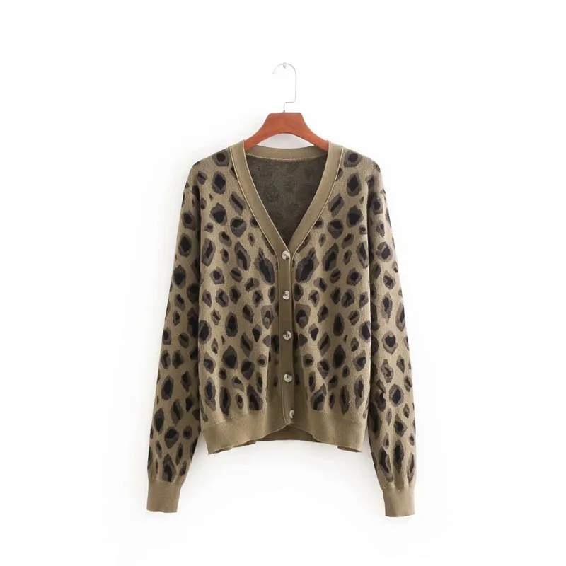 

MY913 Autumn Women European Chic V Neck Leopard Print Buttons Closure Long Sleeve Sweater Cardigan