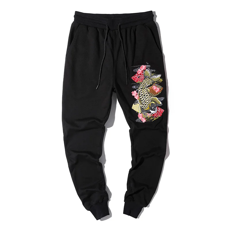 Harajuku Pants Men Elastic Waist Fashion Chinese Carp Embroidery Loose Calf-Length Pant jogging