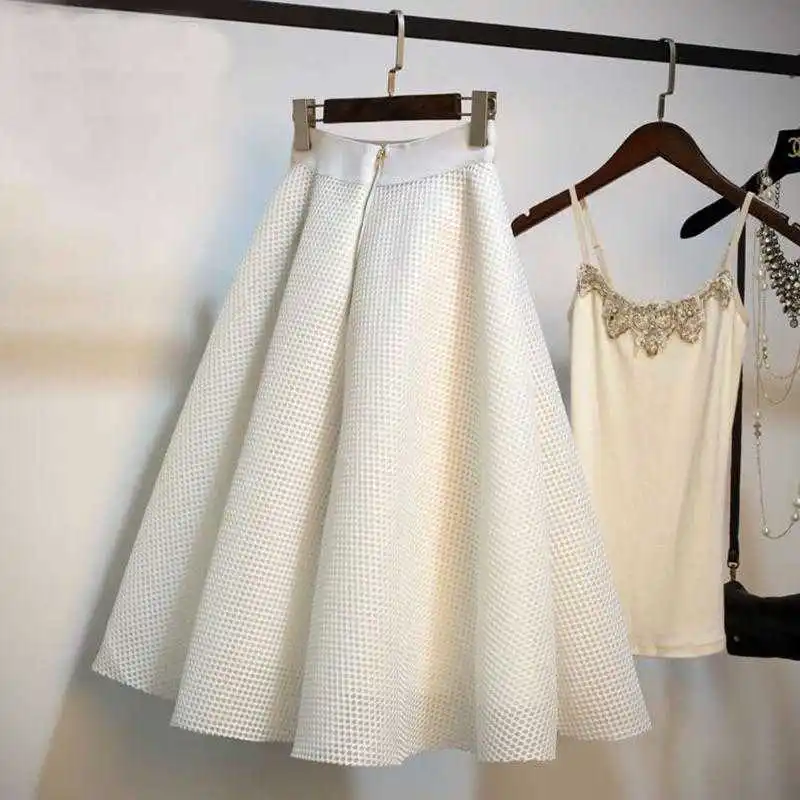 

2021 Spring Summer Korea Fashion Women High Waist A-line Knee-length Skirts Plaid Hollow Out Mesh Swing Skirts Plus Size S994