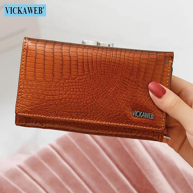 VICKAWEB Women Genuine Leather Short Wallet Female Fashion Purses Ladies Alligator Hasp& Zipper Coin Purse Woman Small Wallets - Цвет: Brown Wallet