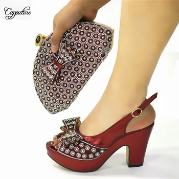 

Latest Wine Sandals With Bag African Women's High Heel Pumps Shoes And Handbag Set With Rhinestones CR2130 Heel Height 10cm