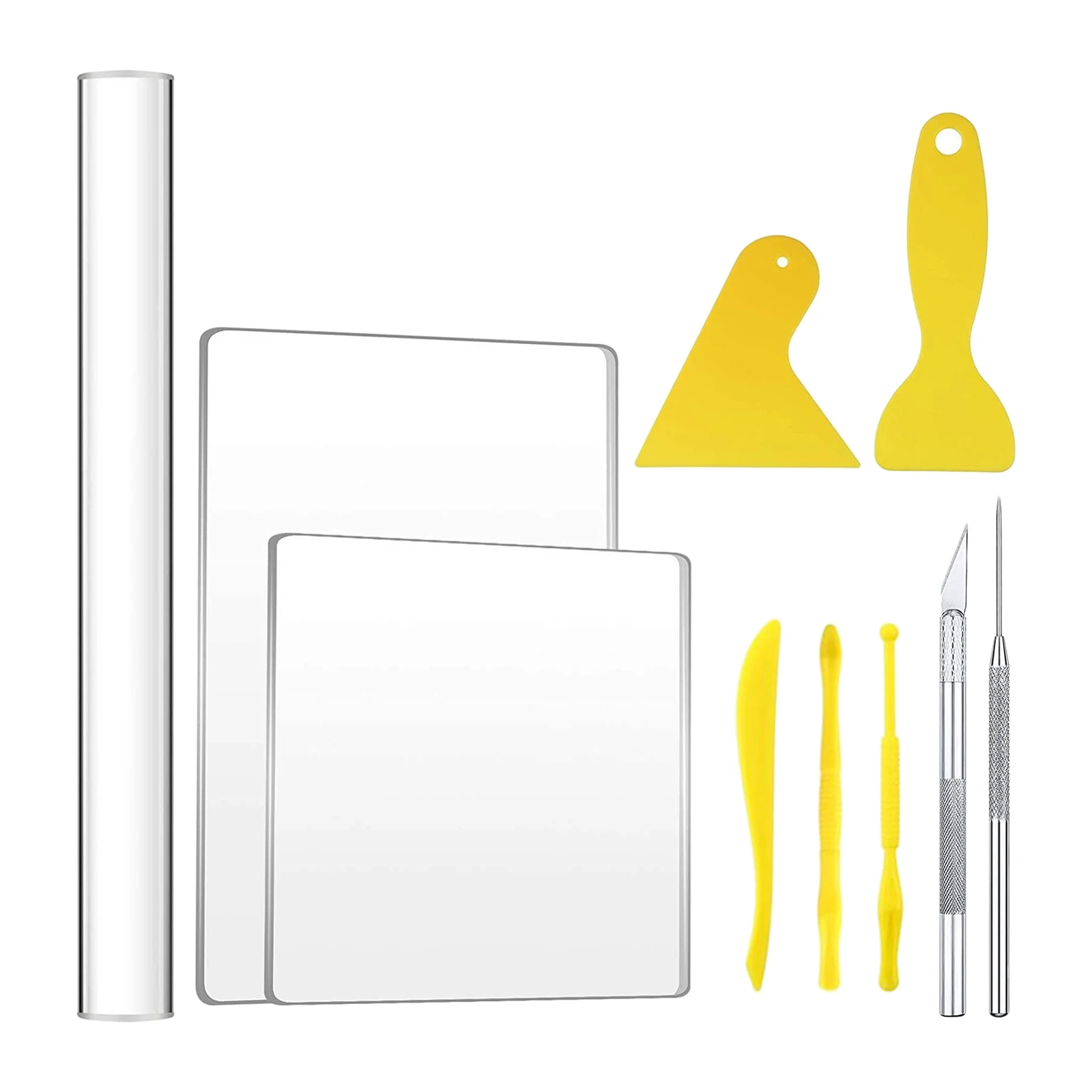 10 Pieces DIY Polymer Clay Tool, Include Acrylic Clay Roller, Acrylic Sheet, Needle, Cutter, Scraper Backing Board