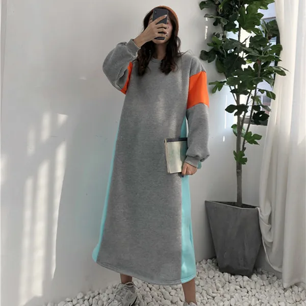 RUGOD solid patchwork sweater dress winter women o neck loose thicken knit dress korean fashion female casual basic long dress - Цвет: Серый