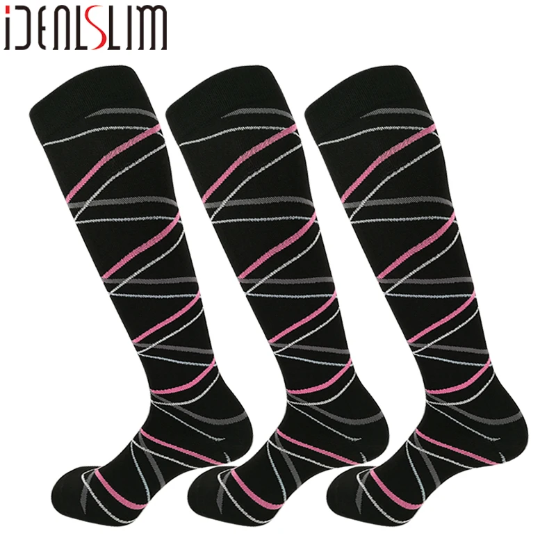 Black IDEALSLIM 3 Pairs Compression Cycling Socks Class 2 Women Long Socks Camping Hiking Climbing Sports Socks - Цвет: Black