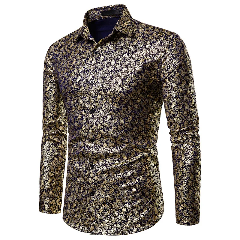

New Gold Bronzing Camisa Social Shirts Men Dress Slim Fit Long Sleeve Night Club Wear Floral Shirt For Men Streetwear