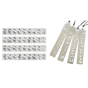 

4pcs Iron Bookmark Ruler Hollow Cute Drawing Template & 36Pcs Letter Alphabet Stencil DIY Template Craft