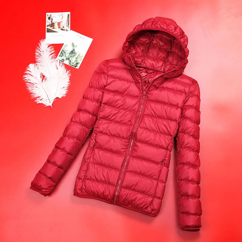 Зимние женские куртки осенний пуховик женский жакет пальто ультра тонкий с капюшоном весна Базовая куртка Женский розовый черный большой размер 6XL 7XL - Цвет: Red