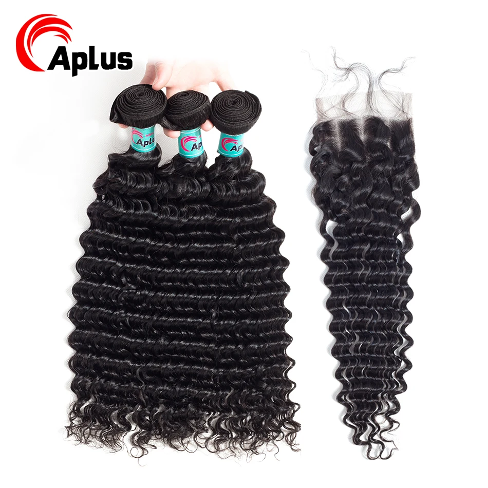 Peruvian Deep Wave Hair Bundles with Closure 100% Human Weave 3 4*4 Swiss Lace Remy Natural Color | Шиньоны и парики