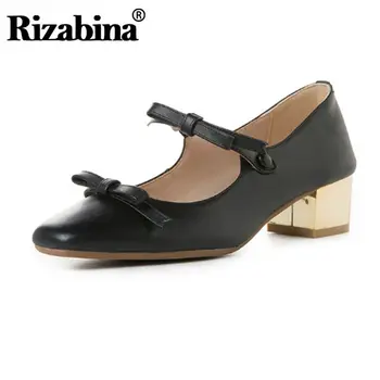 

RIZABINA Women High Heels Shoes Real Leather High Quality Sweet Bowknot Casual Party Ladies Pumps Square Toe Footwear Size 33-43