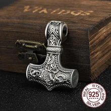 S925 стерлингового серебра норвежский викинг Тор молот Мьёльнир кулон ожерелье с кожаной цепочкой деревянная коробка в подарок дропшиппинг