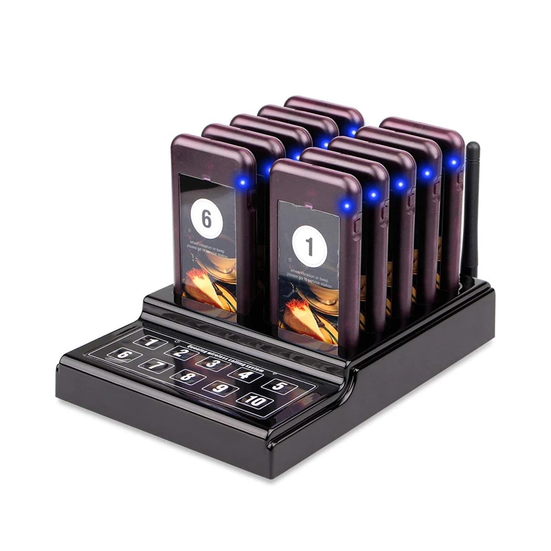 

Wireless Calling Pagers System Restaurant Paging Queue System 10 Buzzers Receivers Pagers for Restaurants Food Church SU-68G-10-