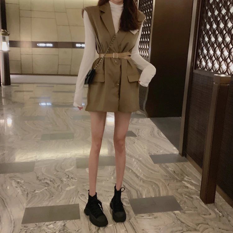 Hong Kong Flavor New Style Loose-Fit Slimming Mid-length Suit Waistcoat Coat+ Versatile Slim Fit Long Sleeve Base Shirt Fashion