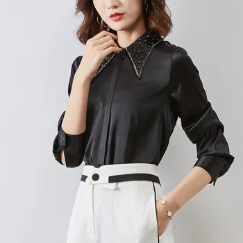 

Luxury Long Sleeve Silk Shirt Women Diamonds Collar Loose Black Blouse Female Satin Blusas Office Lady Womens Tops and Blouses