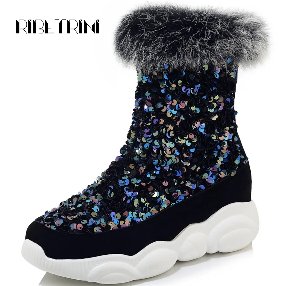 

RIBETRINI Fashion Glitter Boots For Women 2019 Comfortable Sole Round Toe Platform Winter Shoes Woman Mid Calf Snow Boots 29-46