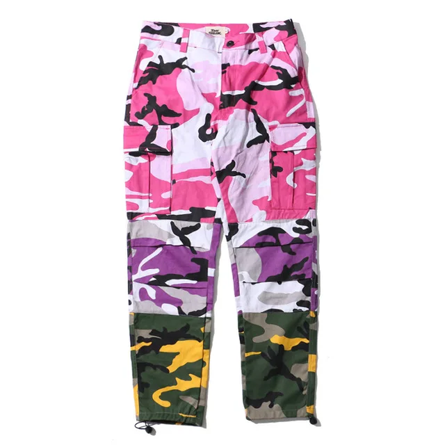 CARWORNIC Camo три цвета пэчворк хип-хоп брюки мужчины мульти-карманные широкие в стиле милитари свободные брюки камуфляж Уличная Повседневная Брюки - Цвет: Pink Purple Yellow