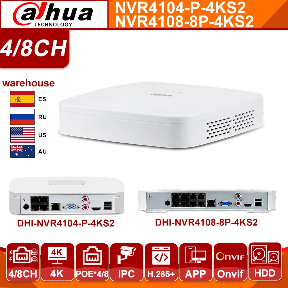 Оригинальный Dahua NVR NVR4104 P 4KS2 NVR4108 8P 4/8 CH POE 4K сетевой видеорегистратор с IVS HD 8MP для ip