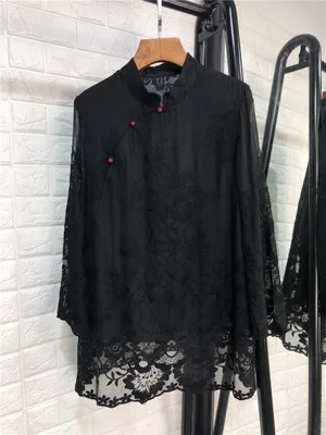 black Шелковая блузка Рубашки осень Мода Qipao стиль для женщин повторяющийся изысканный вышивка длинный рукав белый черный винтажные Топы - Цвет: black