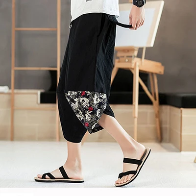 Summer New Men's Loose Spliced Harem Pants Casual Big Crotch Calf-Length Pattern Pencil Trousers Solid Color Drawstring - Цвет: Black Fish