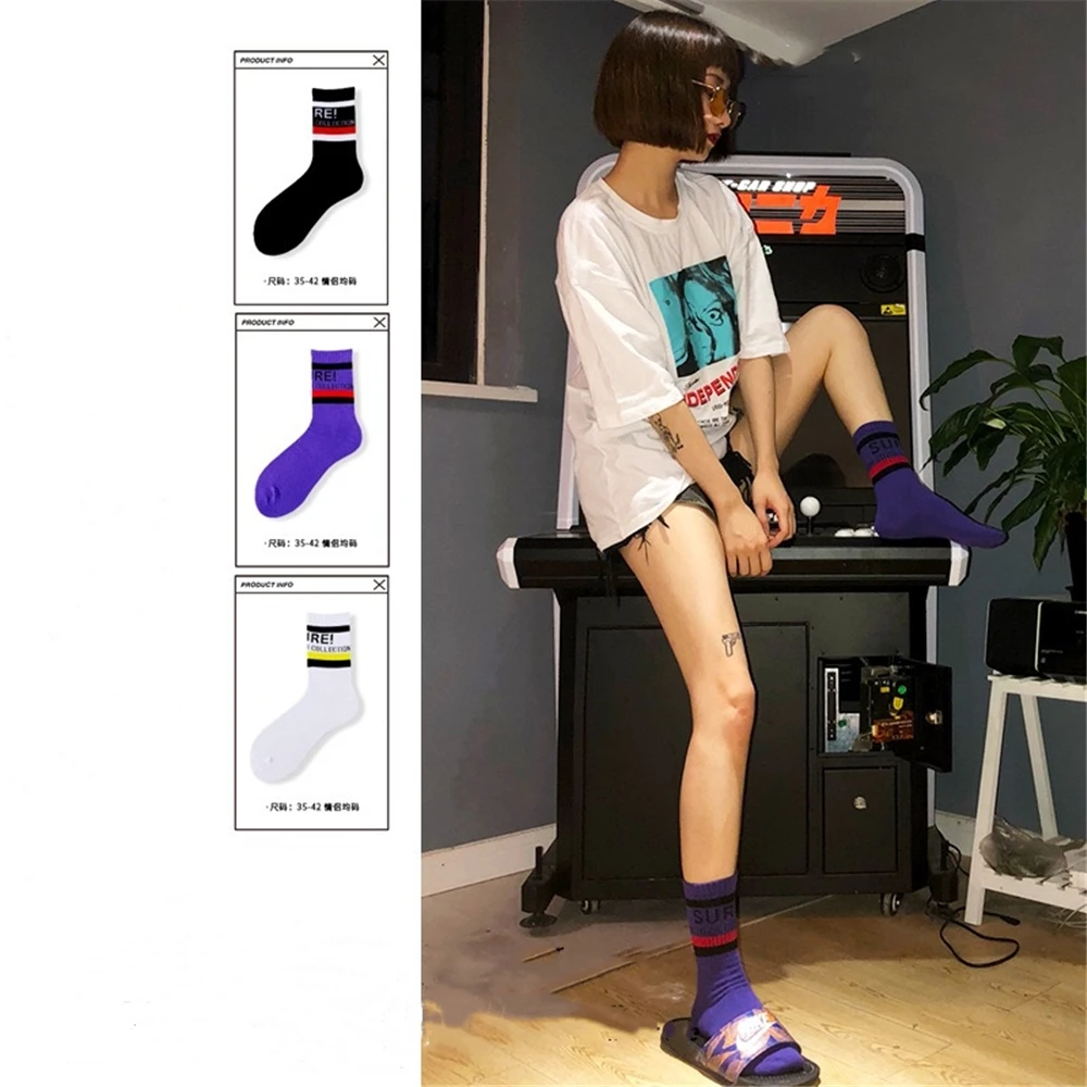 Женские осенние модные хлопковые носки с цветными полосками и надписями, Harajuku, японские уличные тренды, забавные носки для скейтборда