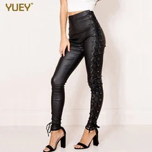 YUEY, европейские и американские женские Супер Стрейчевые штаны из искусственной кожи, с боковыми ремешками, с покрытием, обтягивающие джинсовые брюки-карандаш, с высокой талией, колготки