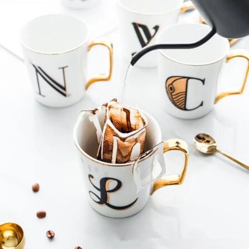 350ml Creative Nordic 26 Letter Coffee Mugs Golden Edge Luxury Water Cafe Tea Milk Cups Espresso Ceramic Cup Gift | Дом и сад