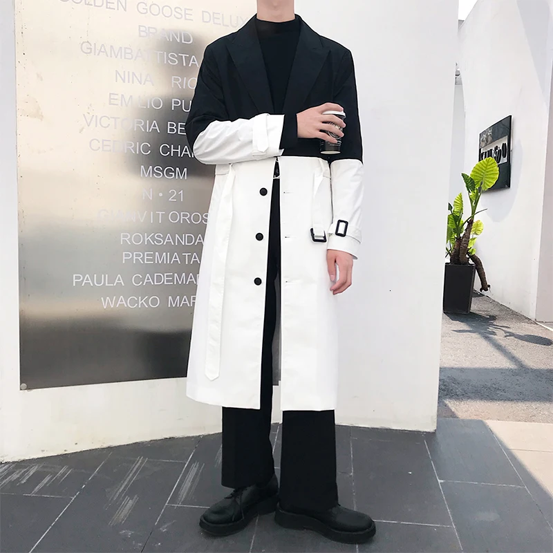 Мужская винтажная верхняя одежда с поясом, ветровка, верхняя одежда, пальто, куртка, Мужская черная, с соединением, белая, свободная, повседневная, длинная, Тренч