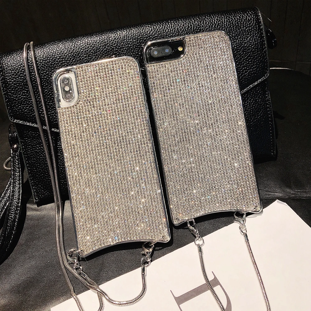 Роскошный Алмазный чехол для iPhone Xs Max блестящий металлический 7 8 6 Plus X с necklace ем