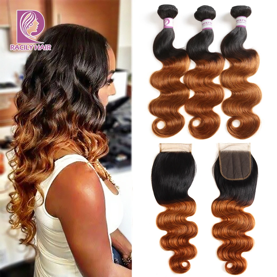 Racily Hair 1B/30 Brazilian Body Wave Bundles With Closure Remy Human Hair Bundles With Closure Brown Ombre Bundles With Closure
