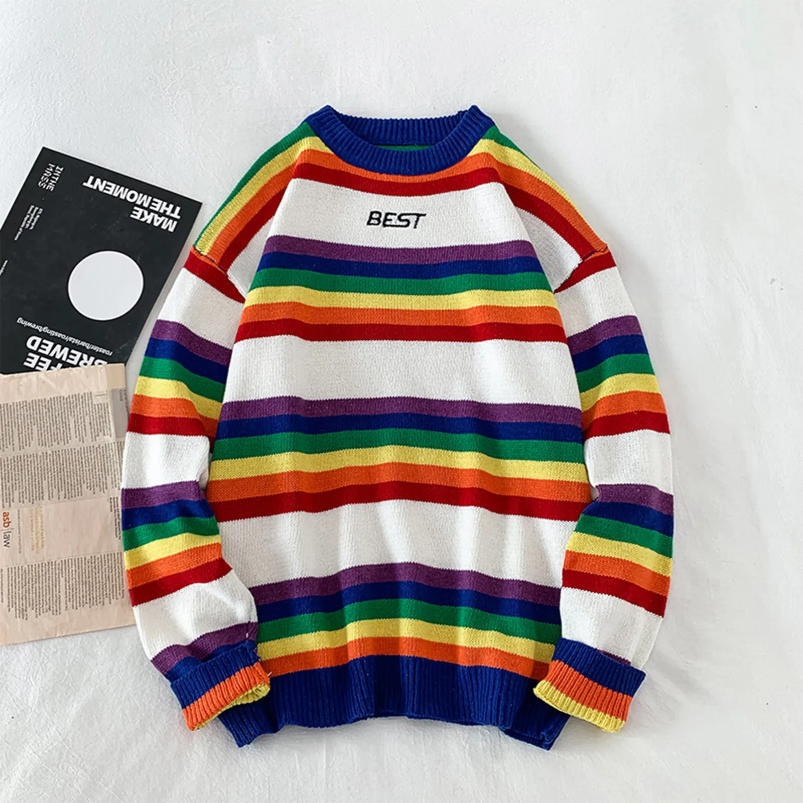 Men Casual Sweaters Fashion Rainbow Stripe Splice Sweater Long Sleeve Round Neck Sweater Blouse Свитер Оверсайз Fast Shipping 2