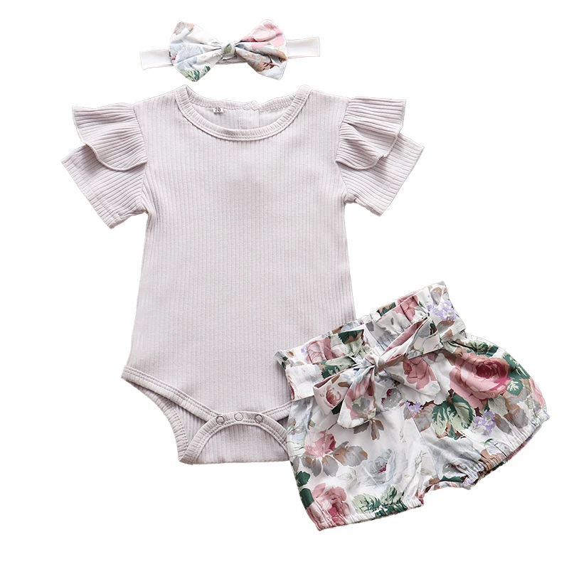 

Summer Newborn Clothing Cute Baby Girl Clothes Set Ruffle Short Sleeve Romper Tops Floral Pants Headband 3Pcs Infant Outfit Suit