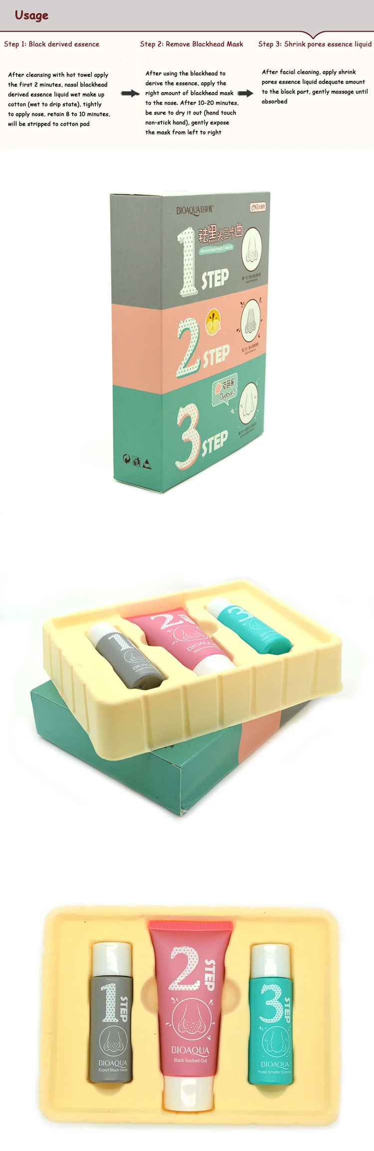 OEM/ODM BIOAQUA Moisturizing black mask and Nourishing skin 3 Steps Set Blackhead remover For Nose Care