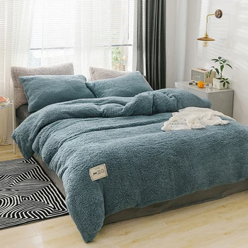 

Home Textiles Quilt Cover 1pcs Pillow Case 2pcs Winter bedding sets soft warm lamb cashmere duvet cover solid fleece bed cover