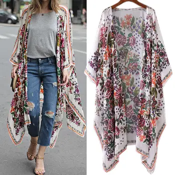 

Women Summer Batwing Floral Print Loose Asymmetrical Kimono Cardigan Jacket Coat 2020 Hot Sale Wild Sun Protection