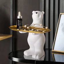 Nordic Sculpture Polar Bear Figurine Statue Key Jewelry Storage Table Decoration Gift With Plate Sundries Storage