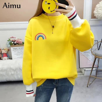 

Harajuku Rainbow embroidery fleece Hoodies Women korean Kawaii Sweatshirts winter warm oversized hoodie girl Streetwear clothes