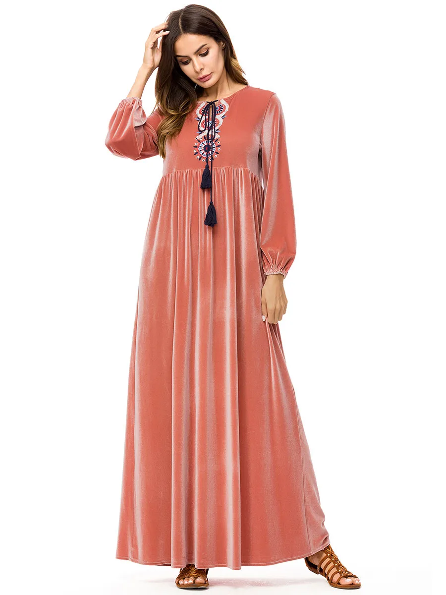 Осеннее исламское платье абайя мусульманский марокканский кафтан арабский халат Musulmane бархатный длинный рукав турецкий Кафтан Дубай Арабский 7217