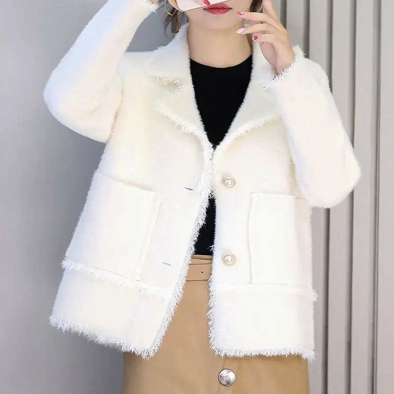 

New Faux Mink Cashmere Short Cardigan Sweater Women Autumn Winter Sweet Knitted Cardigan Jacket Female Sweaters Coat Women C5824