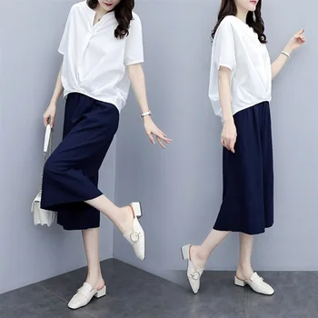 

2020 Summer New Style Fat mm Two-Piece Set Cotton Linen Short Sleeved Top + Capri Pants Wide Leg Pants Leisure Fashion Women's S