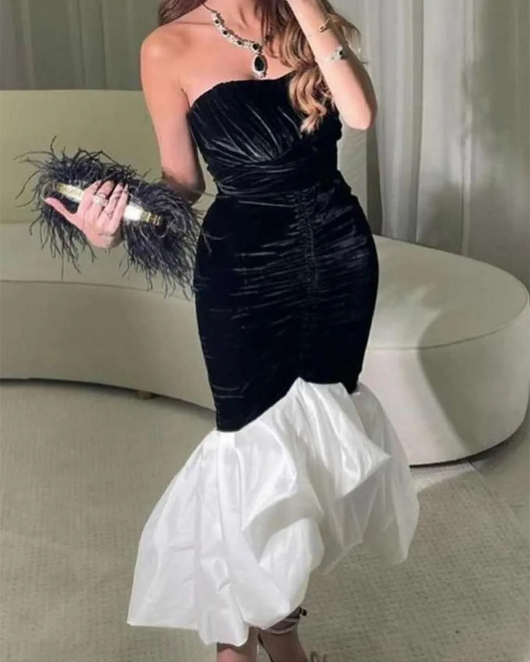 

Vintage Long Taffeta Muslim Evening Dresses فساتين السهرة Black&White Tea Length Lace Up Back Robe de soirée for Women