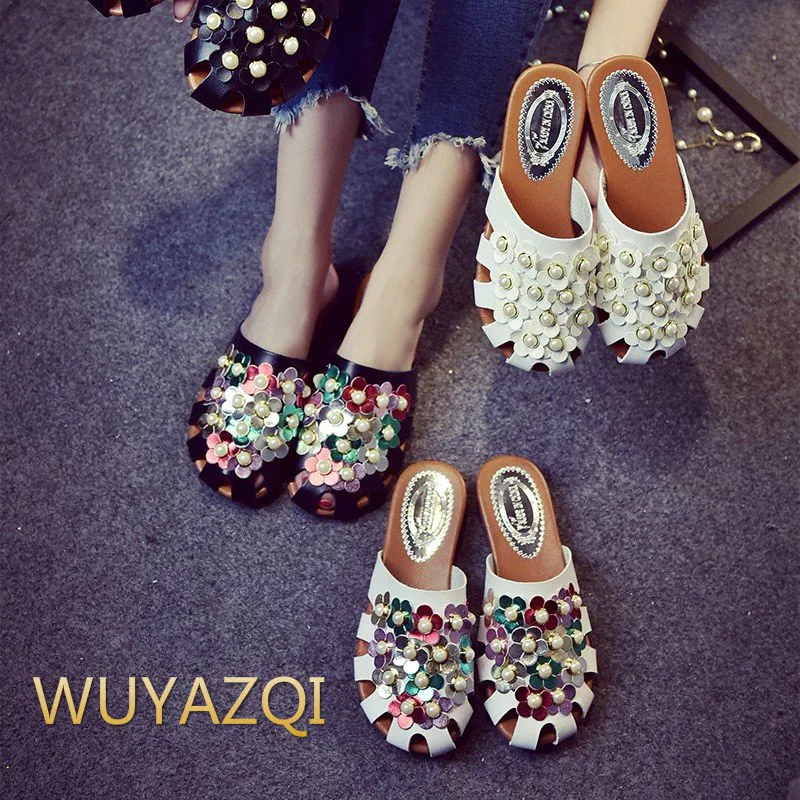 Womens Shoes Flat-Bottom Female Slippers Pearl Summer New-Fashion WUYAZQI Sandals Hollow-Flower