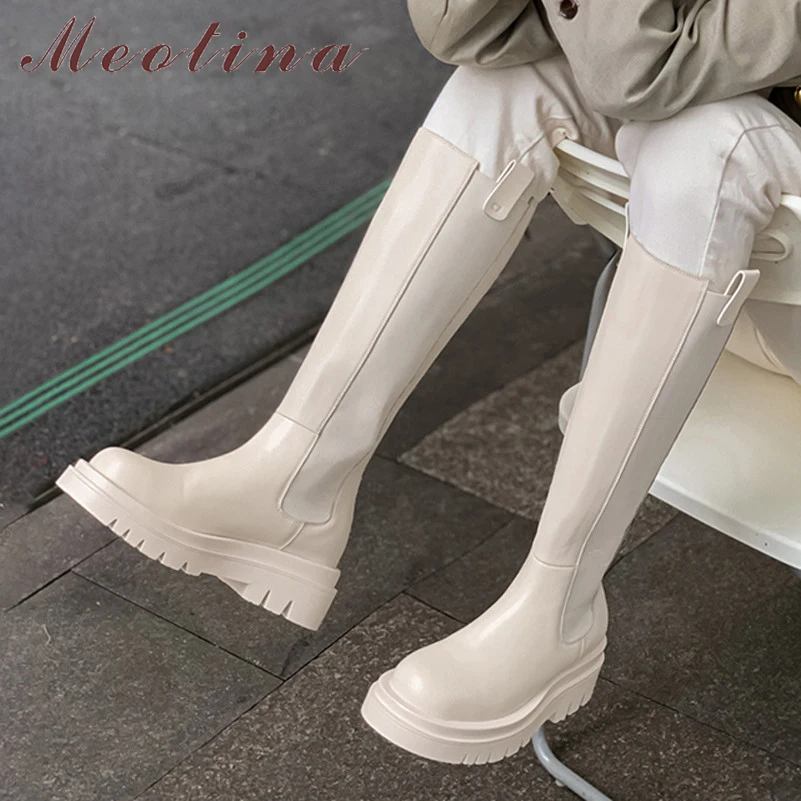 Meotina-Botas de piel auténtica para mujer, Botines de tacón alto estilo Chelsea, hasta la rodilla, con plataforma gruesa, Botas Largas, con cremallera, color Beige, 40