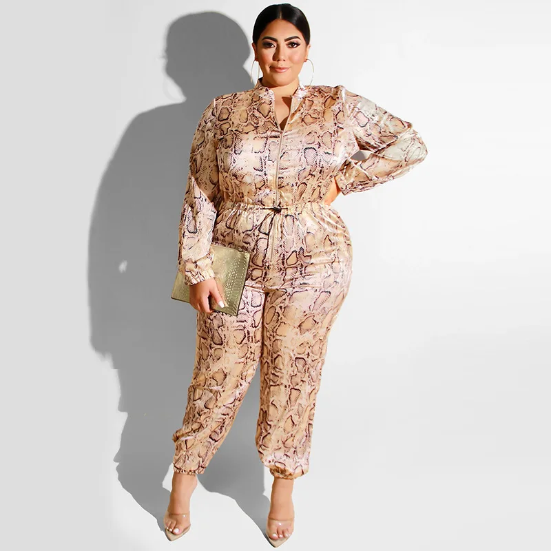 

Plus Size Autumn Winter Leopard Jumpsuit Elegant Tunic Zip Playsuit Elastic Feet Casual Rompers Slim Overalls For Women Outfits