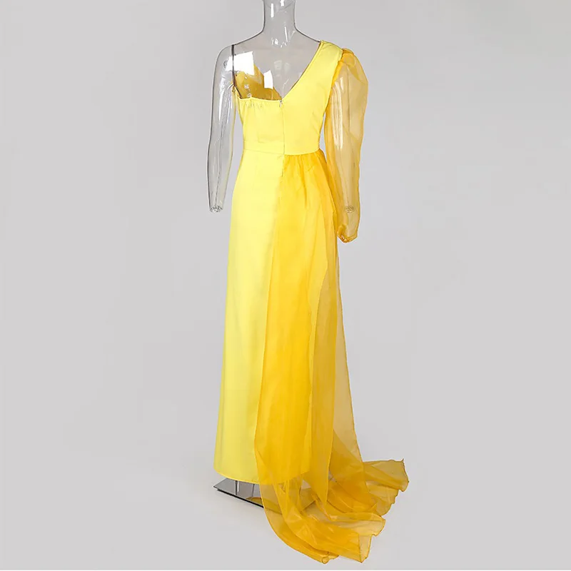 Разноцветное Сетчатое платье с пышными рукавами и высоким разрезом, женское сексуальное платье на одно плечо с длинным рукавом, макси длинное вечернее платье