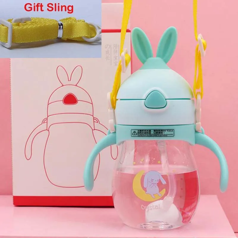 Тритановая пластиковая чашка для кормления ребенка с трубочкой, чашка-непроливайка для детей, обучающая бутылка для питья с ручкой/гравитационный шар, 320 мл - Цвет: Green DX Rabbit