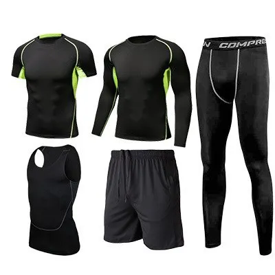 

Fitness Suit Men's Gym Quick Drying Clothes Ultra-stretch Tights Sports Clothing Basketball Leggings Training Suit Five Pieces S